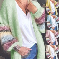 Women Mohair Knitted Cardigan Candy Color Striped Lantern Sleeve Sweater Coat