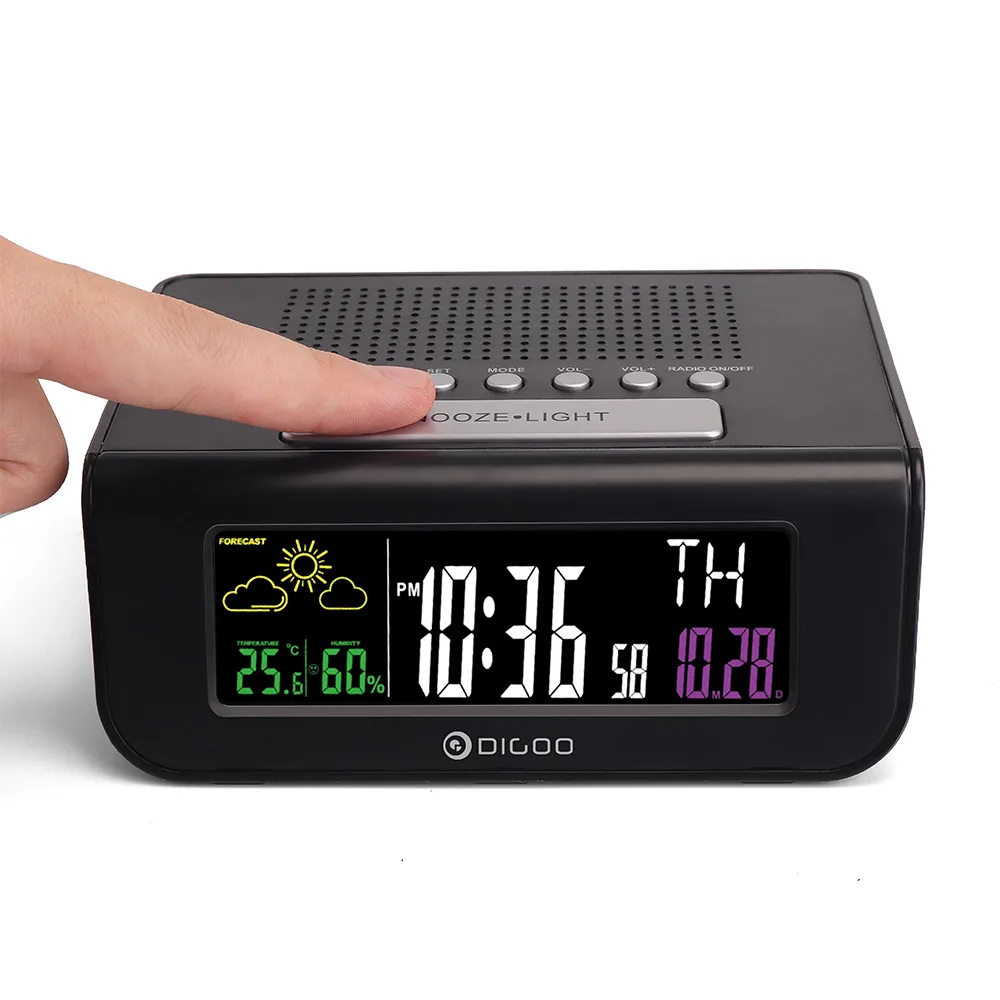 Digoo DG-FR100, беспроводные fm-радио часы, цифровой Повтор, будильник, двойной будильник, погода, календарь, температура, влажность
