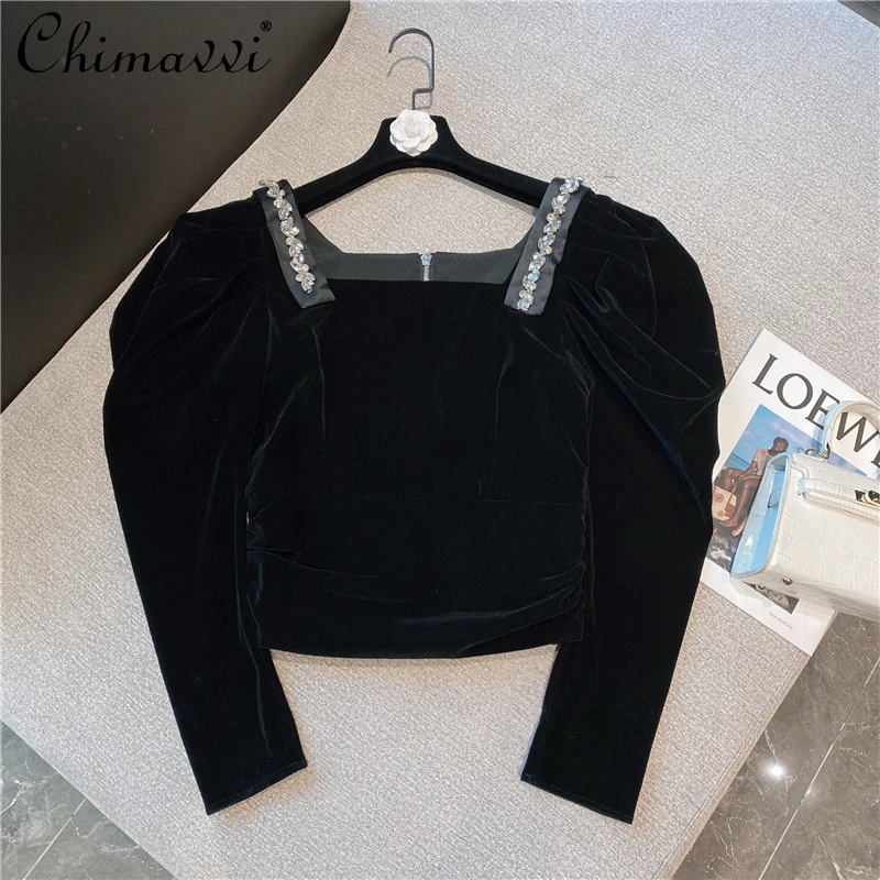 

Осень 2021, женская одежда, Новые французские приталенные Топы в стиле ретро, модная золотистая бархатная рубашка с квадратным воротником и п...