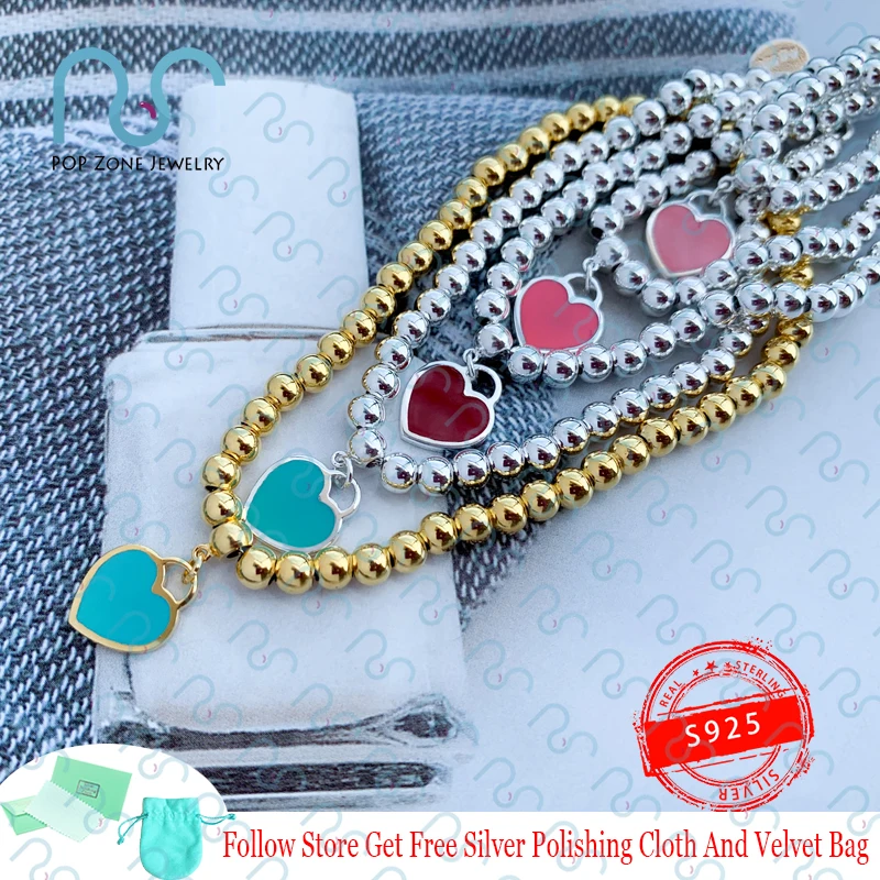 

S925 Sterling Silver 4mm Round Bead Bracelet Return To T Series Enamel Heart-Shaped Tags Bracelet Luxury Brand Original Jewelry