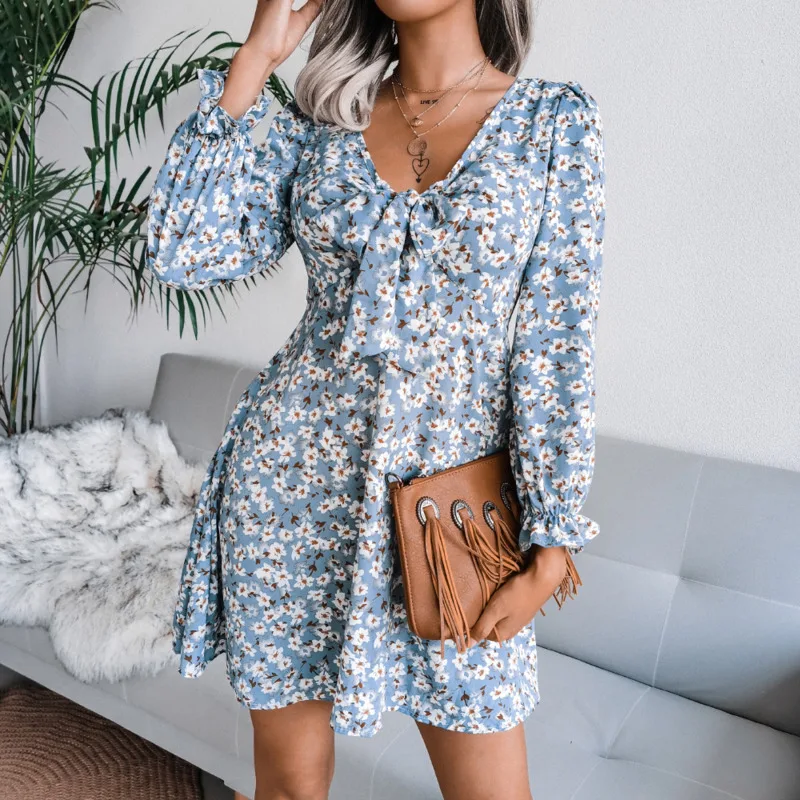 

Floral Print Dress For Women Tied Vneck Long Sleeve Skinny Mini Dresses 2021 Autumn Vintage Fashion Party Casual Dress Vestidos