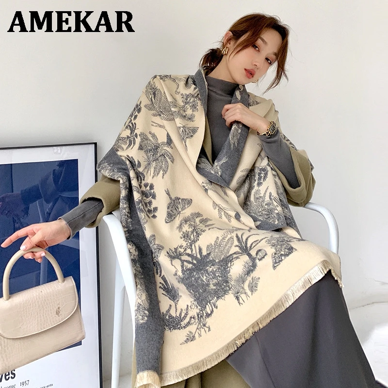 2021 Цветочный Принт шарф для женщин Утепленная зимняя куртка из кашемира пашмины