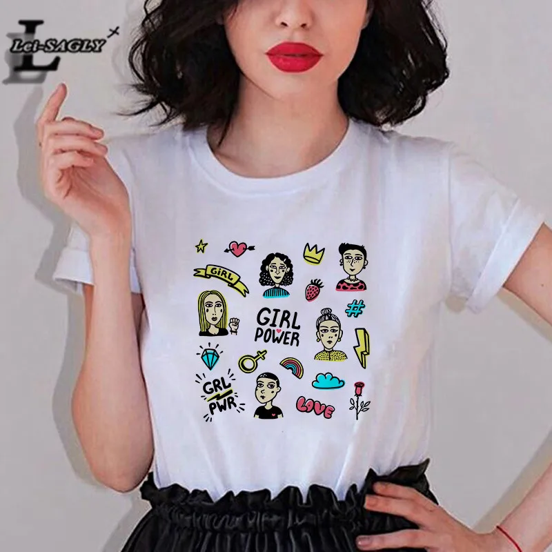 Lei SAGLY девушка Pow женская футболка будущее Feminist женский короткий рукав Харадзюку Графический футболки Ulzzang Винтаж уличная