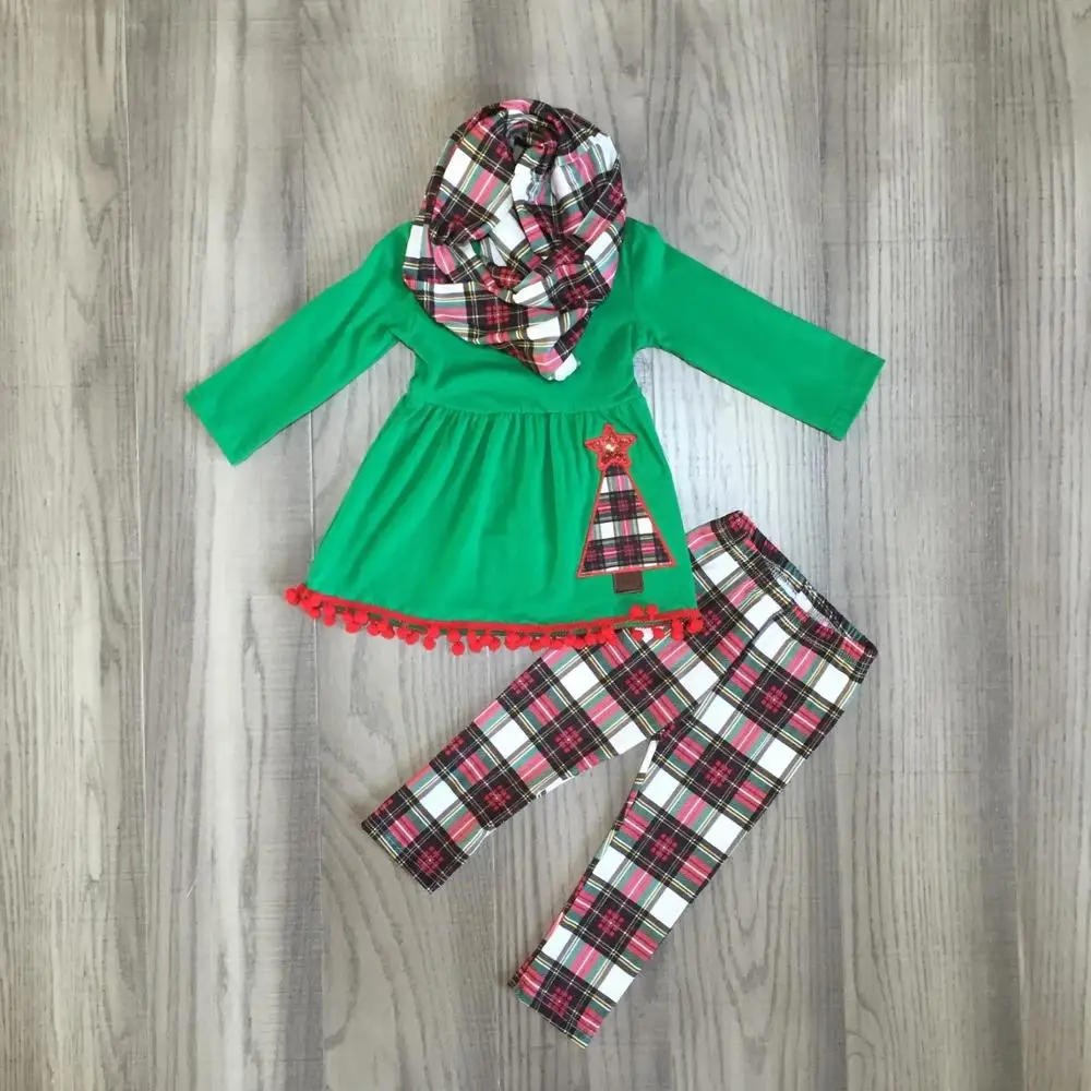 Новогодняя елка помпон осень/зима для маленьких девочек зеленый 3 предмета шарф