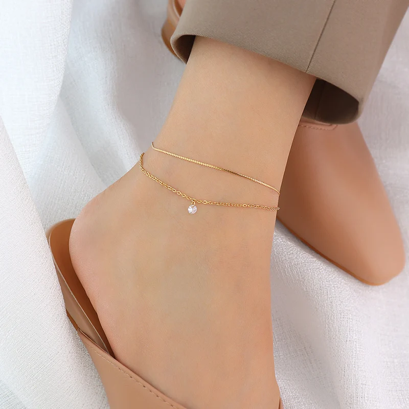 

YAONUAN Trendy Sparkling Zircon Double Layered Gold Plated Anklets For Women Titanium Steel Footchain Party Jewelry Summer Beach
