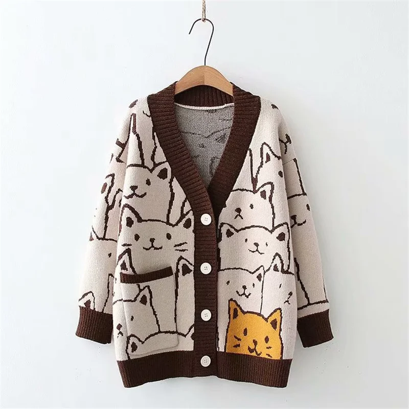 

Harajuku Kawaii Cartoon V-neck Cardigan Female Cat Cute Retro Knitted Sweater Retro Fashion Female Long-sleeved Knitted Jacket