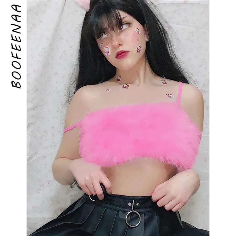 BOOFEENAA искусственный мех Пушистый розовый укороченный Топ для женщин сексуальная
