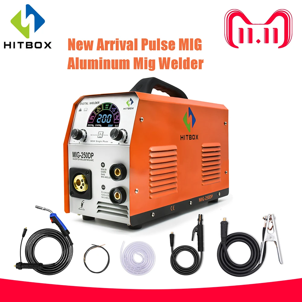 HITBOX полуавтоматический алюминиевый сварочный аппарат Mig Welder MIG250DP 220V Pulse Mig 3 в 1 инверторная технология сварки - изображение