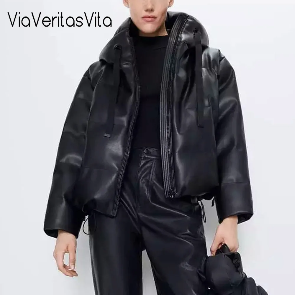 

Russian Womens Winter thick Jacket Coat PU leather waterproof excellent Parkas long sleeve loose warm pocket Jacket Outerwear