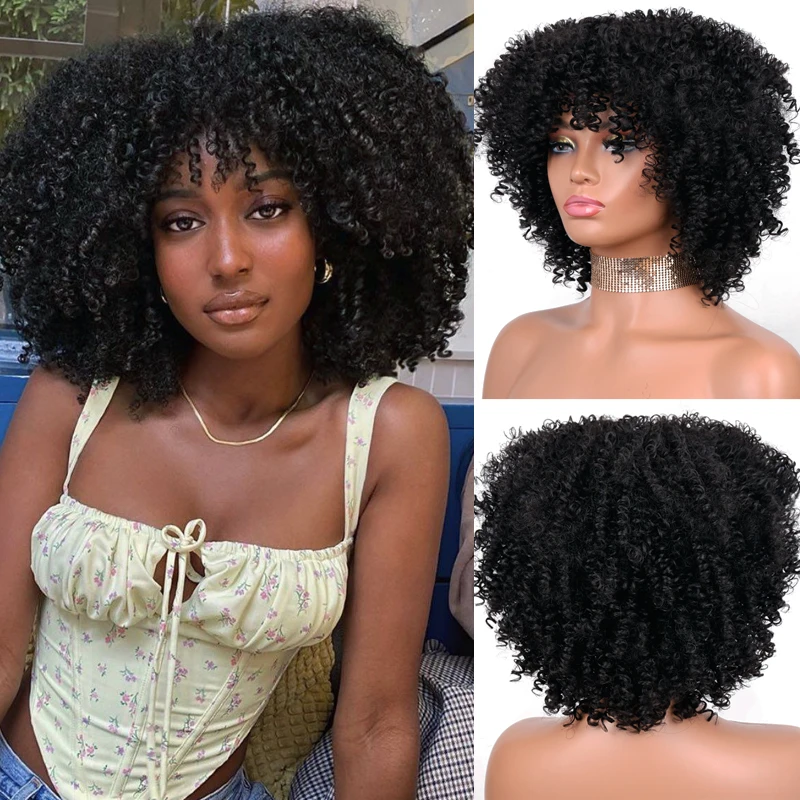 

LINGHANG Short Hair Afro Kinky Curly Wigs With Bangs For Black Women African Synthetic Omber Glueless Cosplay Wigs