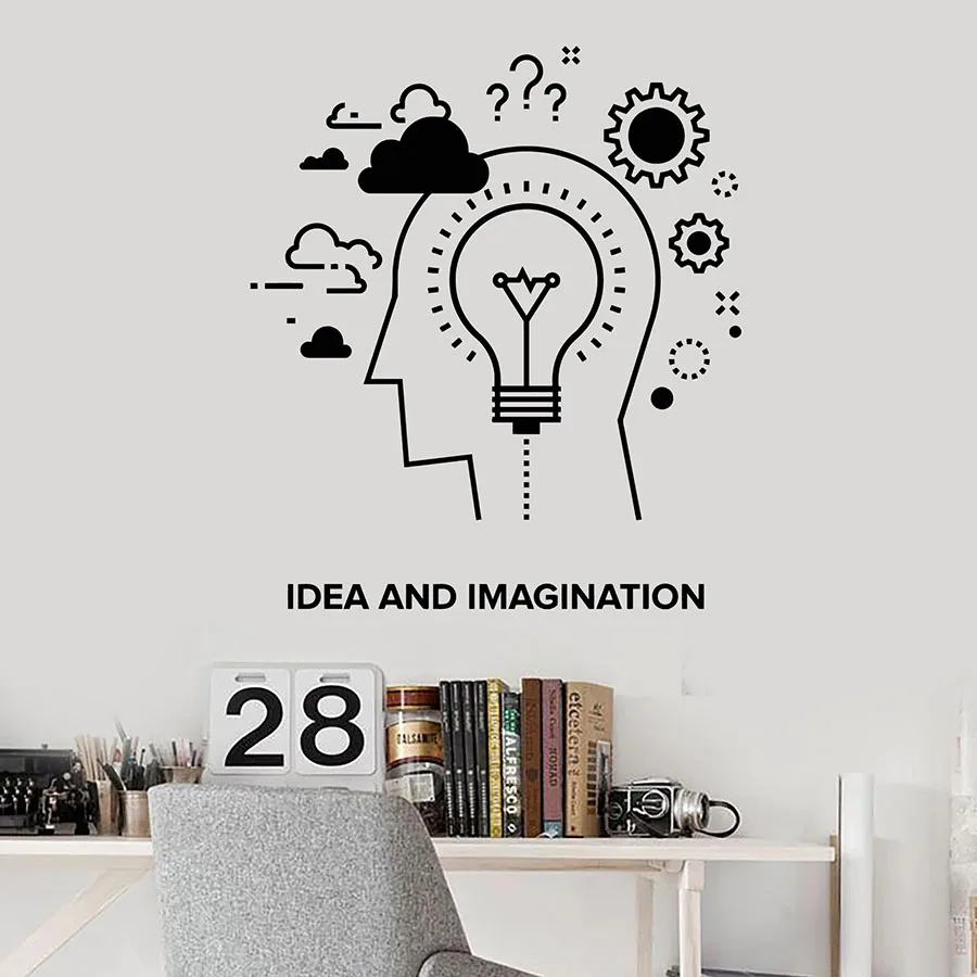 Наклейка на стену слова идеи и воображение создание шестерни лампа виниловые