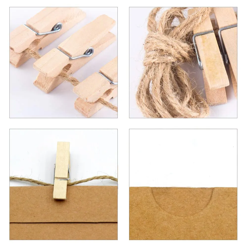 

30Pcs Each Size*10pcs 3/5/6 Inch Paper Photo Frame Kraft Paper Picture Frames Set With Wood Clips And Jute Twine Home Decor