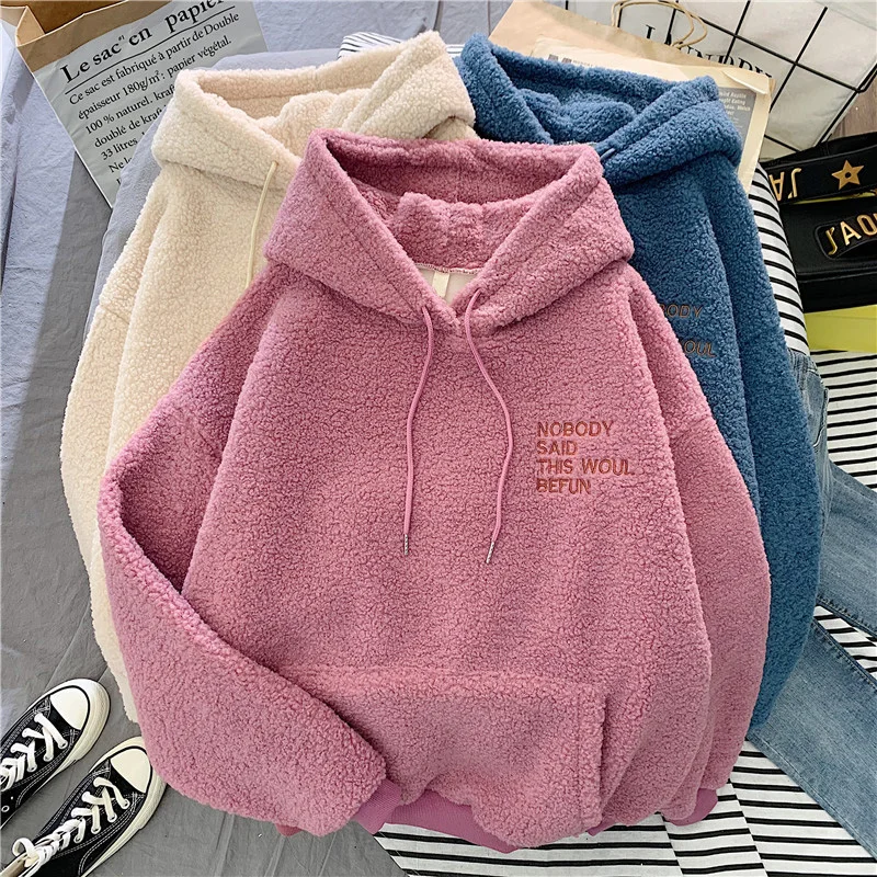 

Lamb Wool Casual Fleece Velvet Sweatshirt Female Student Loose Autumn Winter Thick Warm Hoodie Jacket Coat