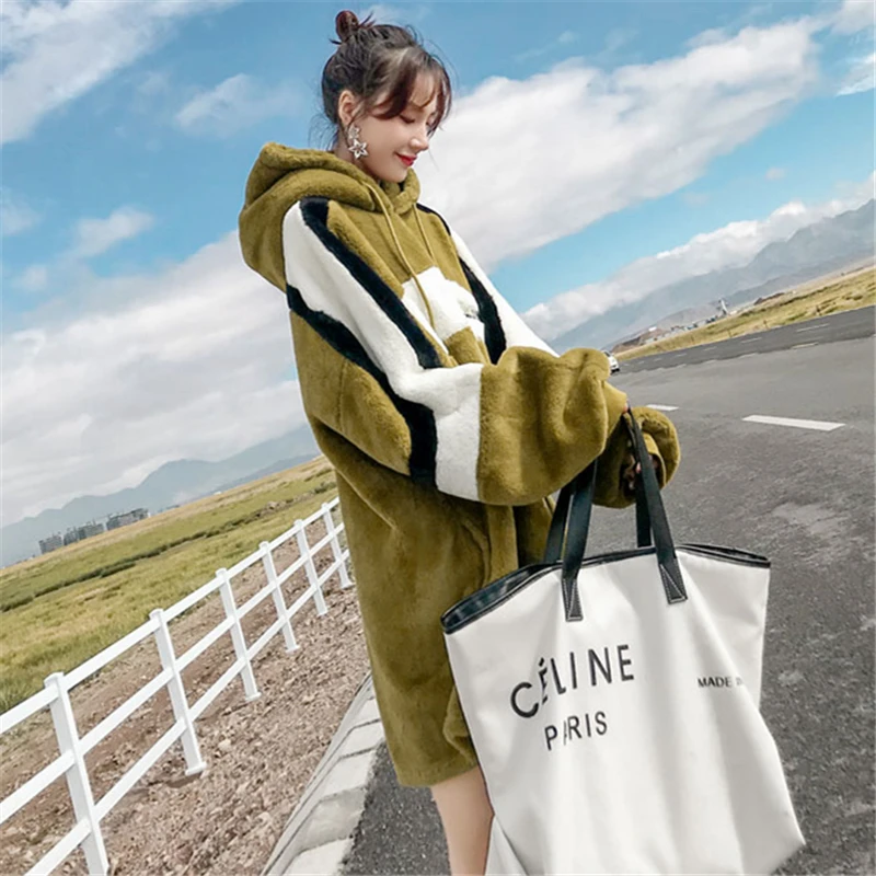 Женская длинная плюшевая толстовка свободное плюшевое пальто с капюшоном