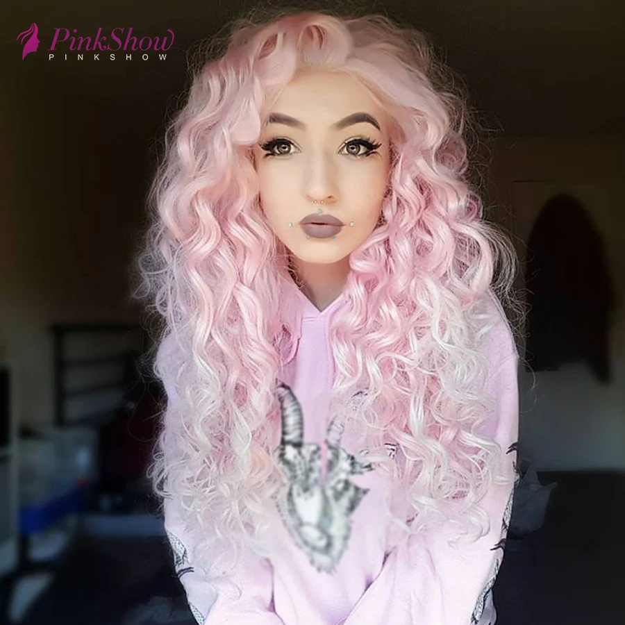 Розовый парик Pinkshow вьющиеся парики фронта шнурка для женщин синтетический