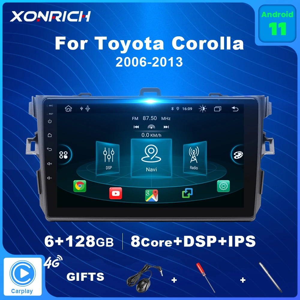 

Автомагнитола 4G + 128G DSP Android 11, мультимедийный плеер с GPS-навигацией для Toyota Corolla E140 E150 2006 2007 2008 2009 2010-2013 RDS