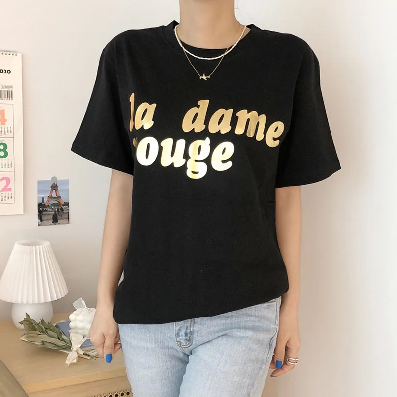 

T-Shirt Women Cotton Reflect Letters Tops Harajuku Tshirt Summer Short Sleeve Korean Punk Pink Woman Vintage Tees