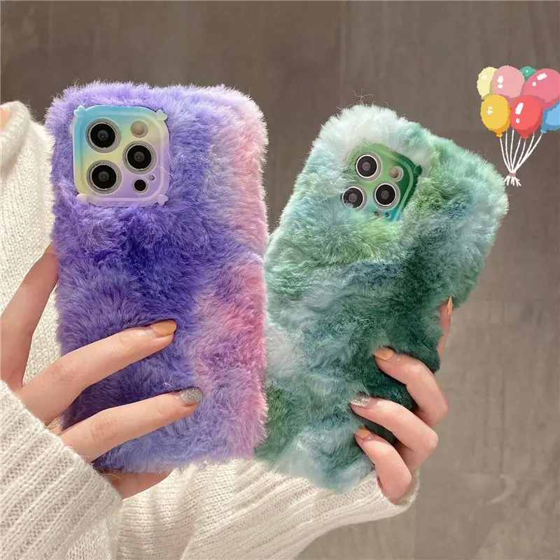 

Fluffy Fashion Plush Phone Case For iphone 12 11 Pro MAX Mini X XS XR 7 8 Plus SE 2020 Winter Warm Gradient Colorful Soft Cover