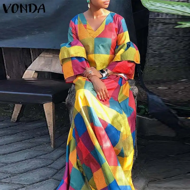 

VONDA Women Maxi Dress 2021 Plus Size Casual Puff Sleeves 3/4 Sleeve V Neck Vintage Patchwork Plaid Dress Bohemian Long Vestidos