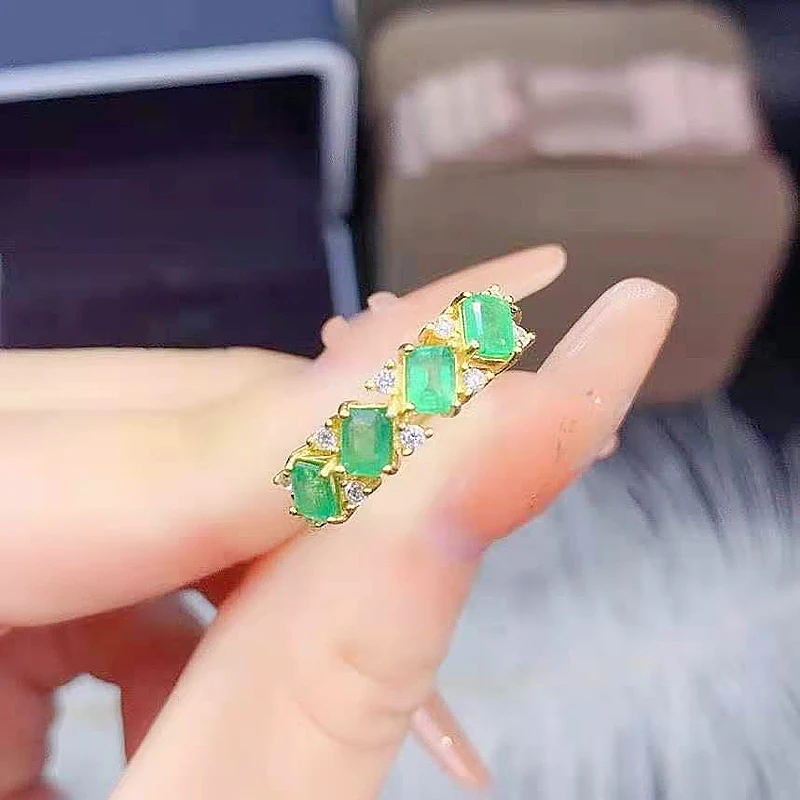 

Fine Natural Emerald Real S925 Sterling Silver 4 Gemstones Ring Fashion Weddings Jewelry For Women MeiBaPJFS