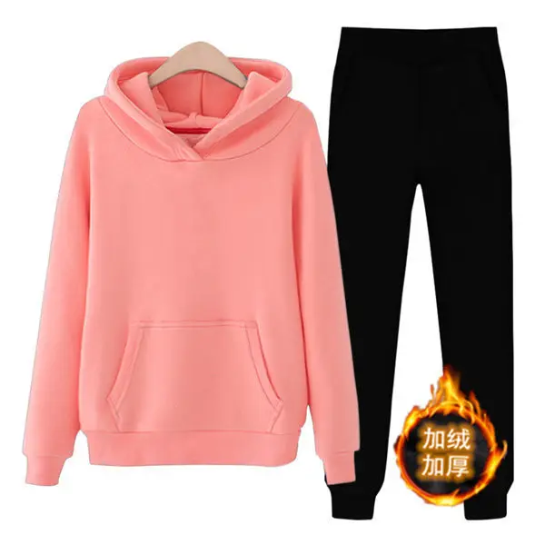 

Autumn Winter Plush Thick Hooded Suit Fashion Cute Girl Jacket Women's Loose Casual Sweater Two-Piece Suit