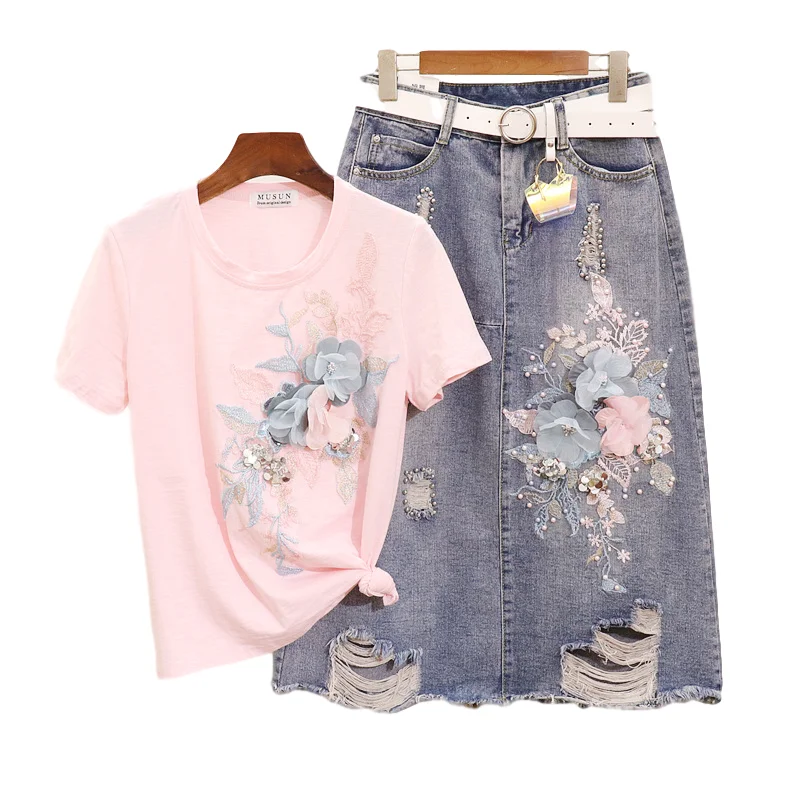 Модный летний костюм женская футболка с вышивкой и блестками топ коротким