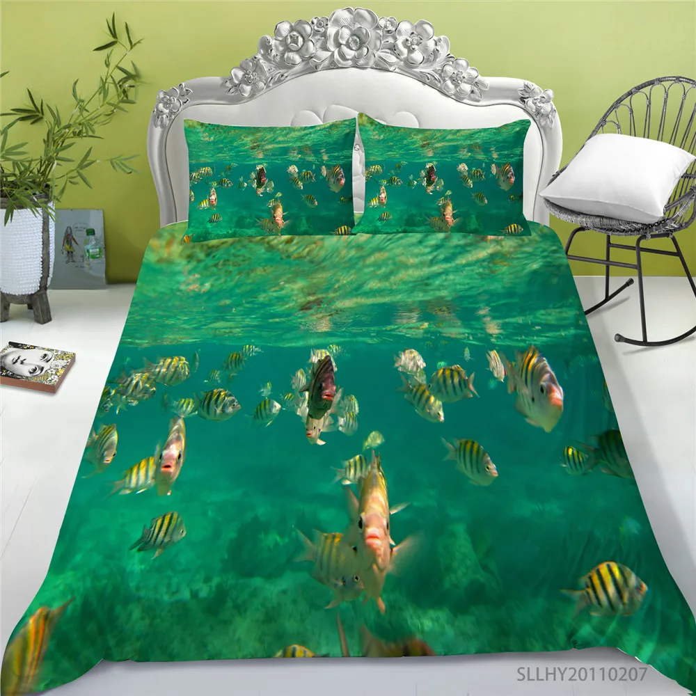 

Ocean Landscape Bedding Set King Size Coral Print Duvet Cover Set 2/3 Pcs Modern Home Bed Set Pillowcase