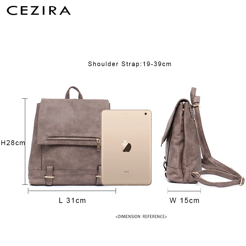 

CEZIRA Fashion Elegant Style Women PU Leather Backpack Design Zip Pocket Flap Shoulder Bag Large Female Vegan Leather Knapsacks