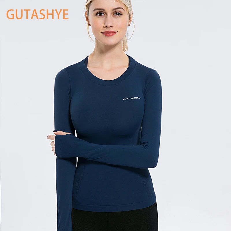 Бесшовный спортивный топ GUTASHYE с длинным рукавом женская футболка для фитнеса