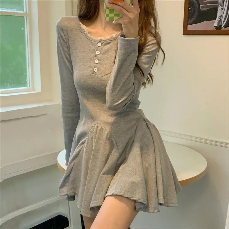 

Early autumn Korean lace high-waisted long-sleeved dress