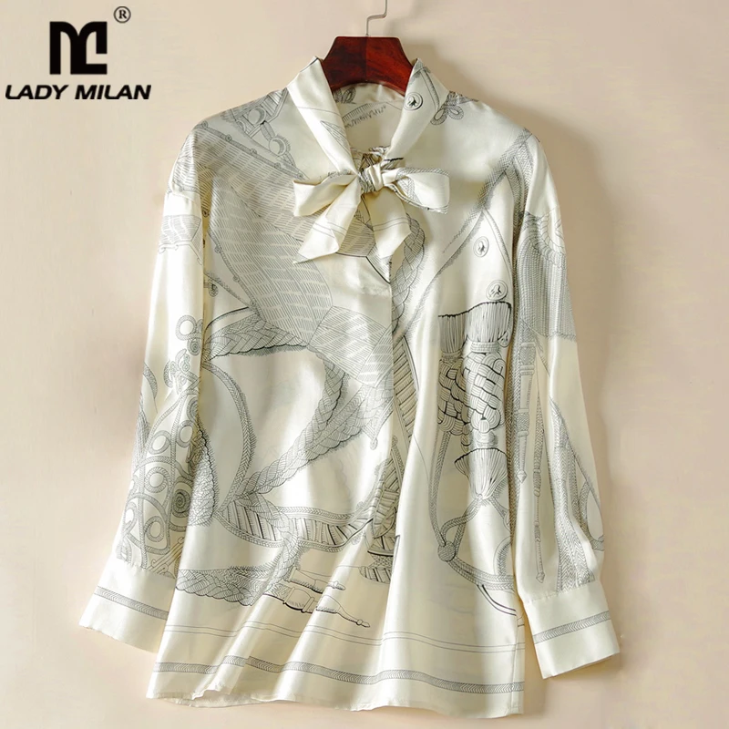 

100% натуральная шелковая женская рубашка со шнуровкой и воротником-бантом, модная рубашка с длинным рукавом и принтом, блузка, топы