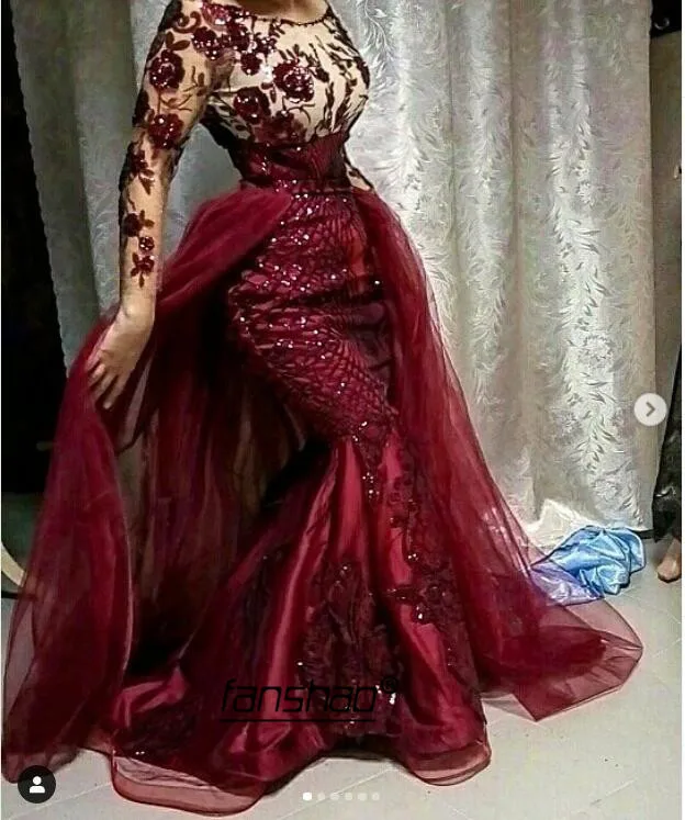 

Burgundy Evening Dress Lace Detachable Train Illusion Special Occasion Dubai Saudi Arabic Evening Gown Prom Dress abendkleider