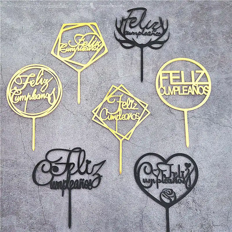 

Spanish Happy birthday cake topper acrylic Golden black boy girl birthday party cake toppers For baby shower dessert decoration