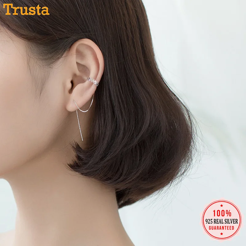 Trustdavis 100% 925 Стерлинговое Серебряные серьги цепи Ушная клипса с 8 см линия красивая