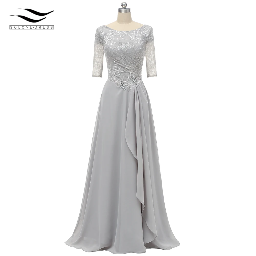 

A Line Ruffles Short Half Sleeves Scoop Neck Lace Formal Evening Dress Gown Silver For Wedding Party Mother Of the Bride SL-M003