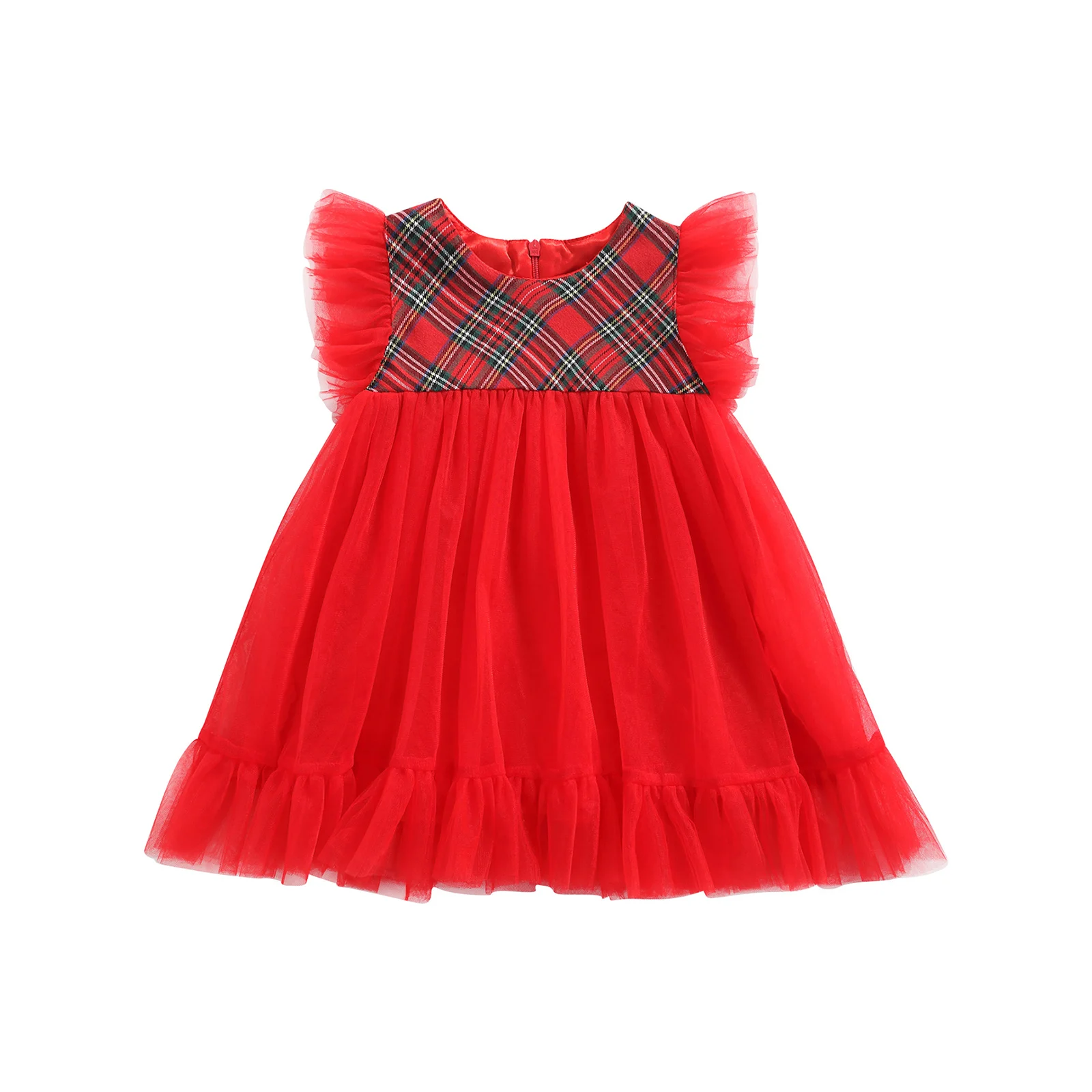

2021 New Fashion Baby Mesh Dress with Plaid Pattern Stitching, Ruffle Decoration Sweet Style Princess Summer Clothing 2 Colors