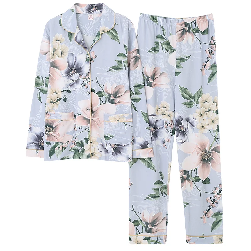 

Plus Size Women Sleepwear Pajamas Set Spring Autumn Flower Long Sleeve Soft Cotton Pijama Casual Homewear Female Pyjamas