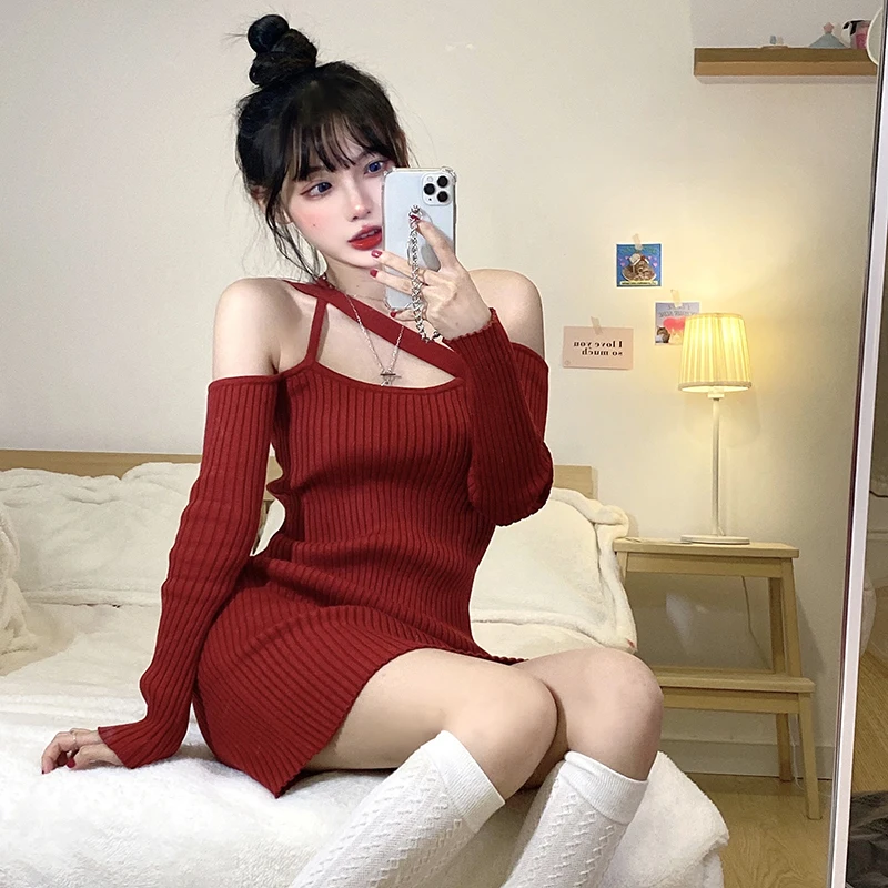 Винно-Красное вязаное платье с лямкой на шее корейское облегающее платье-свитер