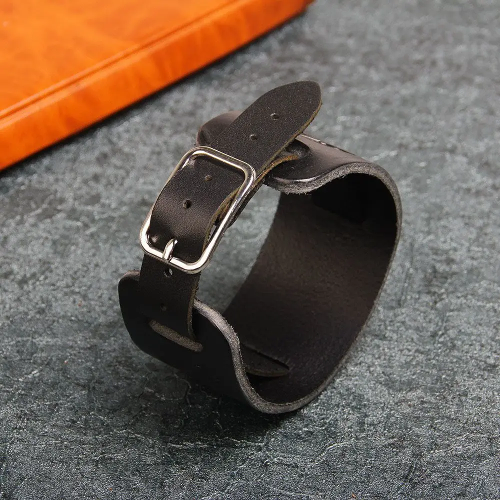 Мужской широкий браслет в ковбойском стиле черный/коричневый кожаный с пряжкой