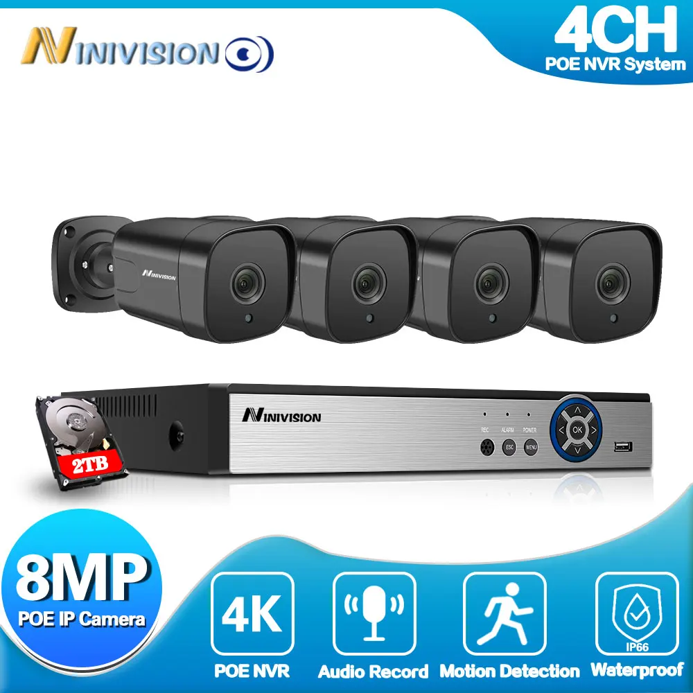 

NINIVISION 8MP HD POE IP Camera Set Security Bullet System 4K H.265 4CH NVR Audio Record Outdoor Video Surveillance Kits