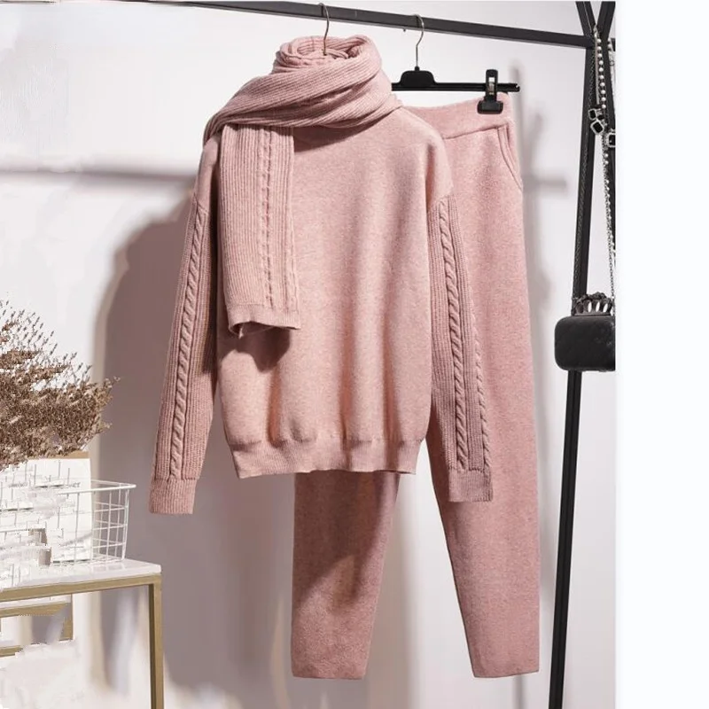 

Autumn Winter Warm Knitted Women's Tracksuit Half High Collar Sweater Elastic Waist Pants Scarf Casual 3 Piece Set Women Outfit
