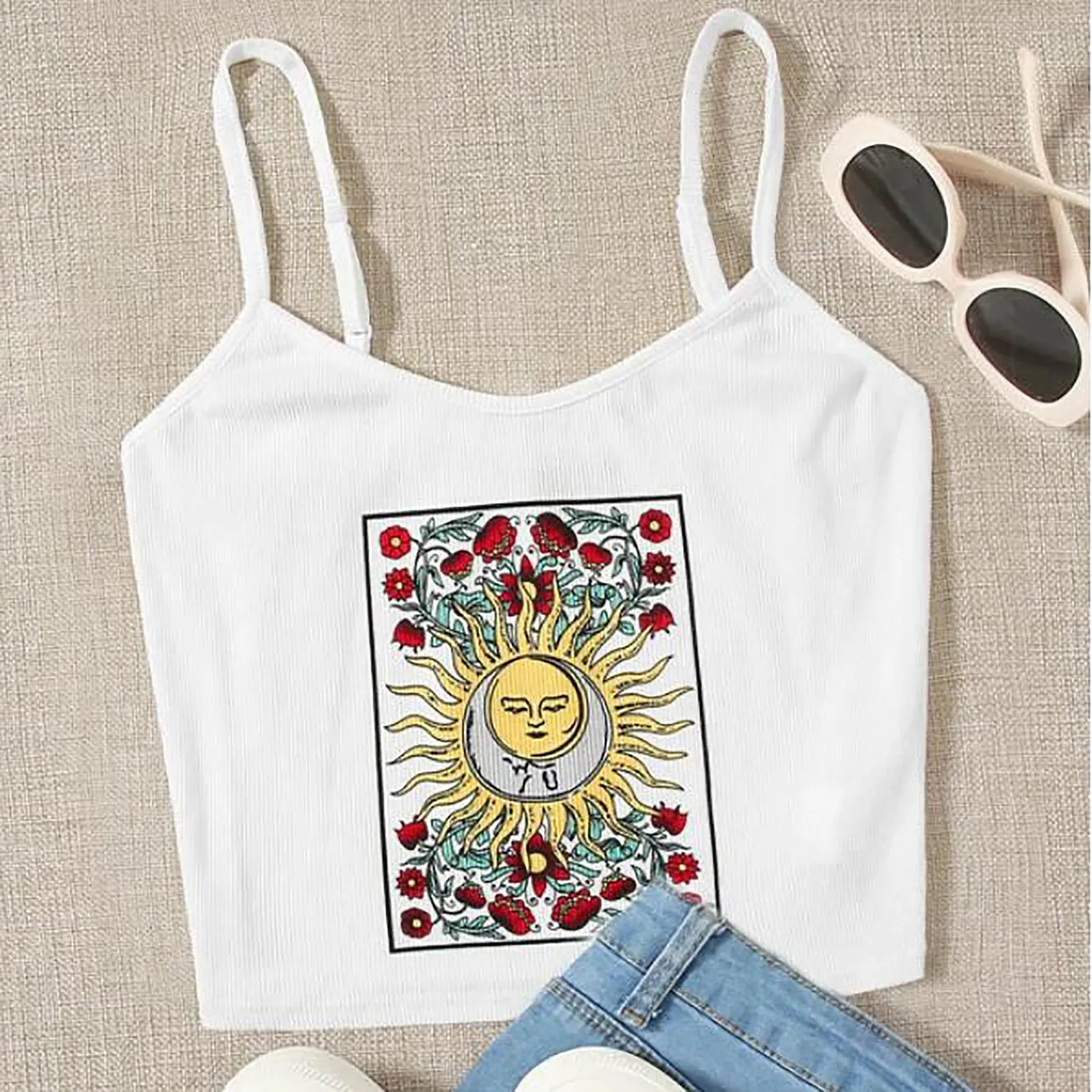 

Women's Tops Plus Size Crop Top Funny Retro Rose Sun Printing Tank Tops Sexy Sleeveless V-neck Sling Vest Camisole Streetwear