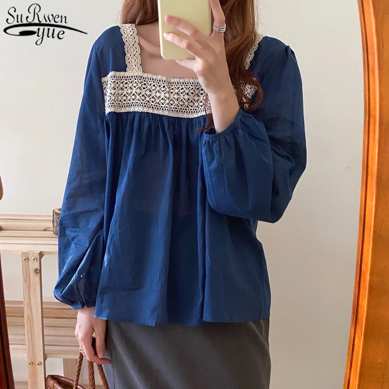 

2021 Autumn Woman's Shirts Solid Color Long Sleeve French Sexy Puff Sleeve Lace Shirts Woman Vintage Fashion Women Blouses 10319