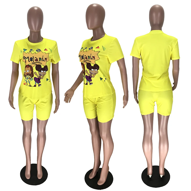 

Women Biker Two Piece Set Casual Cartoon Letter Print Crop Tops T-Shirt Shorts Pants Suit Joggers Matching Set Sport Tracksuit