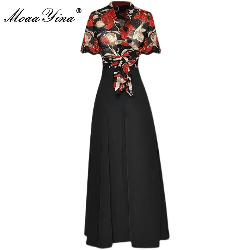 

MoaaYina Designer Summer Pants Suit Woman V-Neck Floral Print Shirt and Black Two-piece Loose flared pants Set