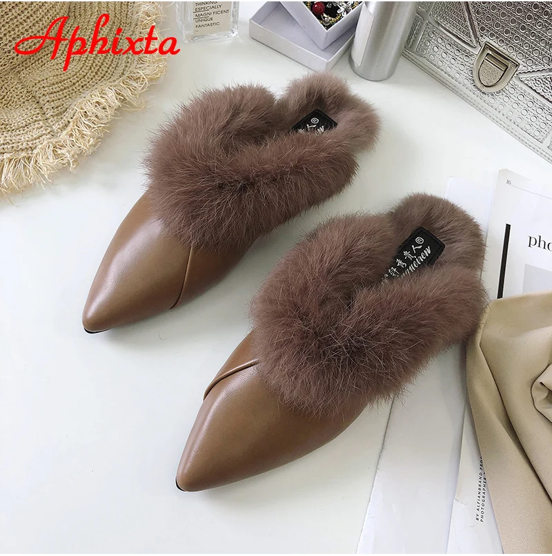 Aphixta/женские шлепанцы с острым носком; Коллекция года; обувь без задника с натуральным животным мехом; обувь с пряжкой; тапочки с натуральным мехом; женская обувь на меху