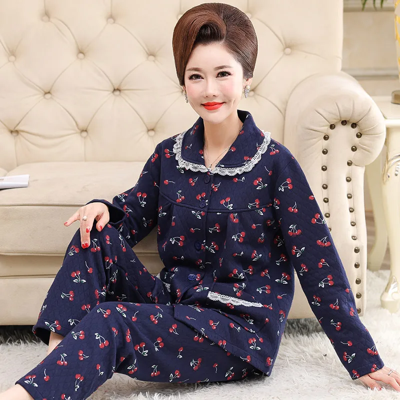

Women Winter Quilted Pajamas Cotton Thick Warm Ladies Sleepwear Long Sleeve Autumn Pyjamas Women Plus Size M-4XL Pijamas Mujer