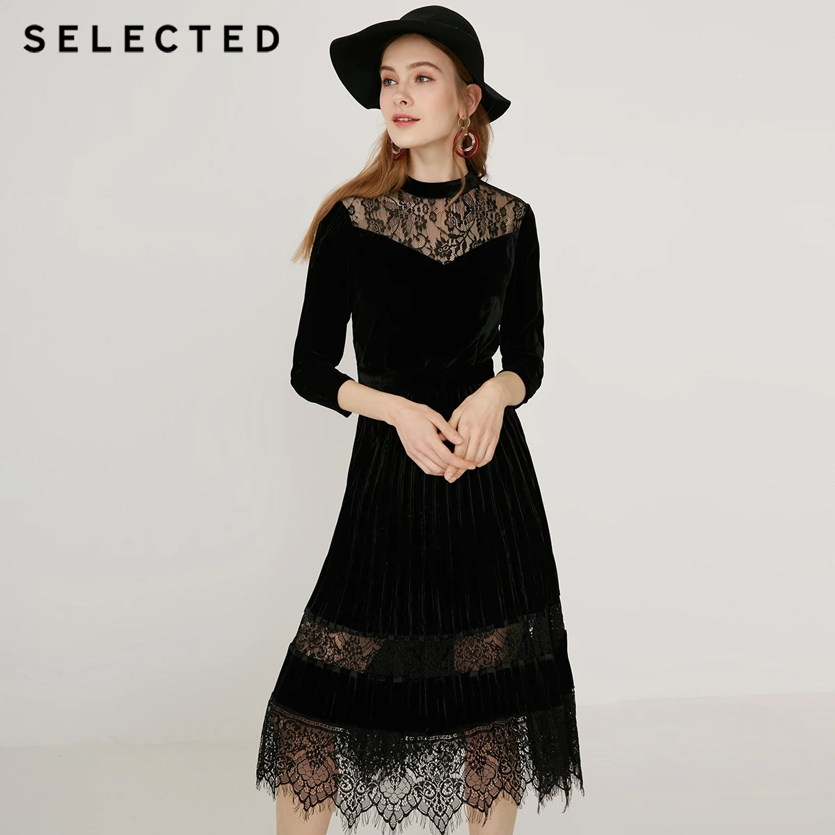 Облегающее бархатное кружевное Плиссированное Платье-миди S | 41912J527 Женская