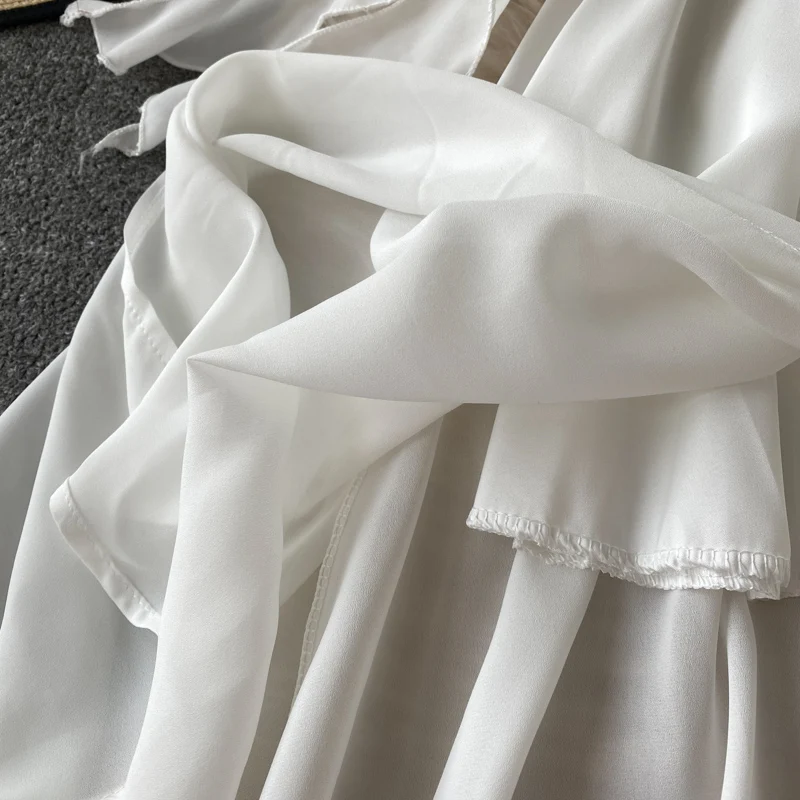 

FTLZZ New Summer Women Elegant Ruffled Button Chiffon Dress Beach Party Dress Sexy Spaghetti Strap Puff Sleeve Fairy Long Dress
