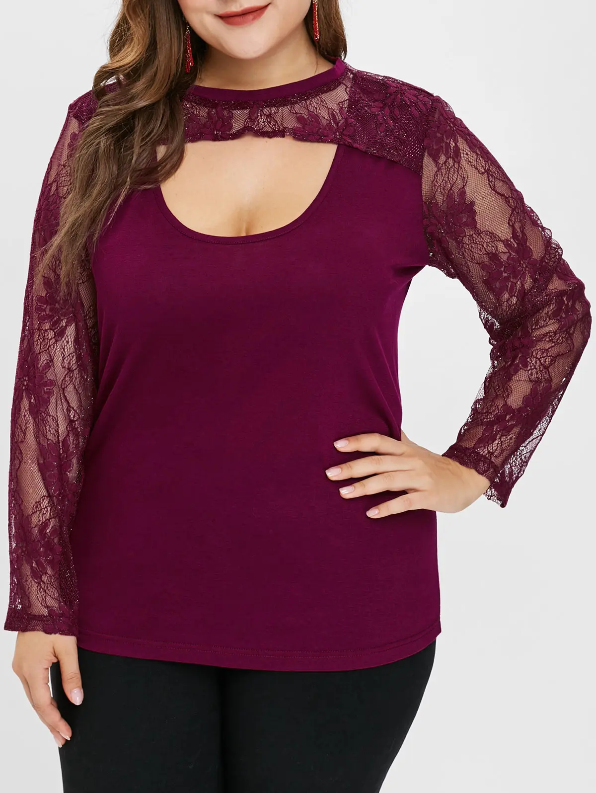 Розовая галл. Осень весна плюс размер кружевная панель вырезанная футболка с